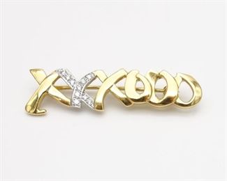 Vintage Tiffany Elsa Peretti 18K Gold Diamond Love and Kisses Brooch Pin w Orig Box