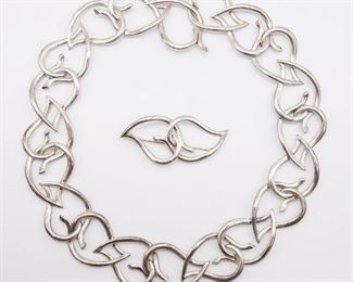 Vintage 1987 Tiffany Co Sterling Silver Leaf Motif Necklace Brooch Suite