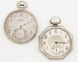 Antique Lot 2 14K White Gold Pocket Watches Elgin GM Wheeler 17J and Waltham 23J for Restoration