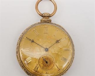 Antique 14K Gold Swiss "MJ Tobias" Key Wind Landscape Engraved Dial Pocket Watch
