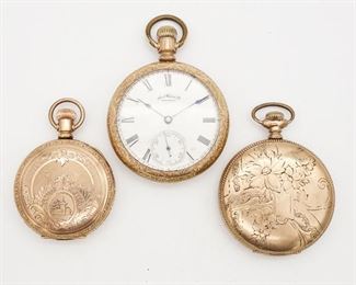 Antique c1900 Lot of 3 American Waltham Gold GF Pocket Watches incl Floral Motif