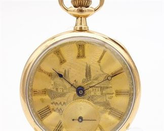 Antique 14K Gold Landscape Face Swiss Pocket Watch