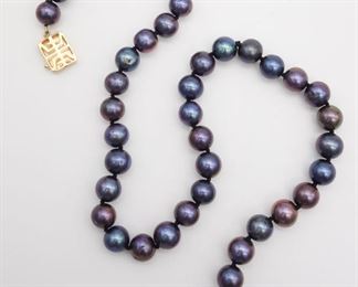 Vintage 7.8-8.2mm Tahitian Pearl Single Strand Necklace w Chinese Symbol 14K Gold Clasp