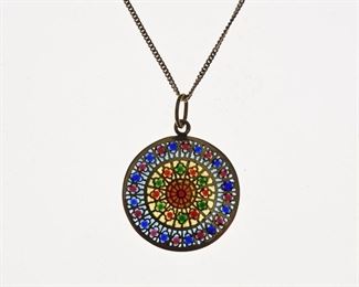 Vintage 18K Gold Plique-a-Jour Enamel Notre Dame Stained Glass Window Necklace Pendant