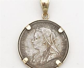 Vintage 14K Gold Necklace Pendant w 1890s Silver Queen Victoria Jubilee Silver Coin