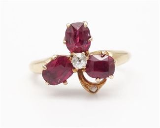 GIA Antique 14K Gold Natural Ruby Diamond Clover Motif Ring w Origin Report