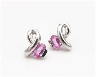 Vintage 14K White Gold Pink Sapphire Womens Breast Cancer Ribbon Earrings