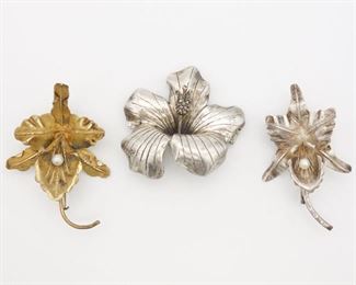 Vintage Flower Brooch Pins incl Pearls, Honolulu Hibiscus Sterling Silver