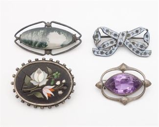 Vintage Sterling Silver Brooch Pins incl Agate, Enamel, Pietra Dura Inlay