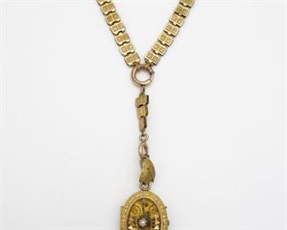 Antique Renaissance Revival Gold Pearl GF Locket on Ornate Chain