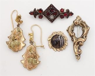 Antique Group Victorian Gold Gemstone Jewelry incl Agate, Garnet