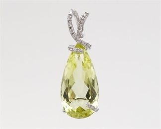 Vintage 14K White Gold 14.2ct Citrine Diamond Necklace Pendant