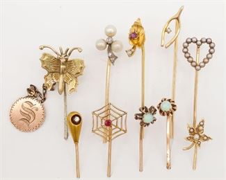 Antique Group 10 Gold Stick Pins incl Diamonds, Pearls, Opals