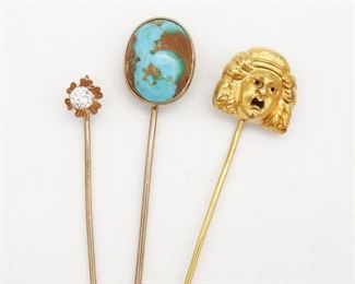 3 Antique Lapel Pins Turquoise Diamond Medusa