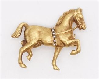Antique 14K Gold Seed Pearl Prancing Horse Brooch Pin