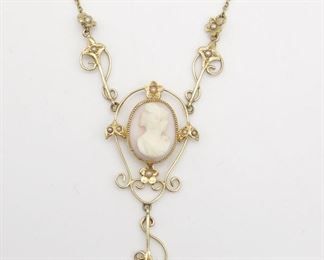Antique Art Nouveau 14K Gold Cameo Seed Pearl Lavalier Necklace