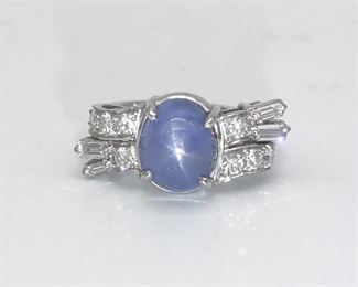 Vintage Retro Star Sapphire Platinum Diamond Ring Size 6