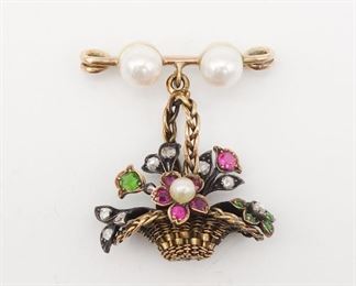 Antique 14K Gold Pearl Jeweled Basket Motif Brooch Pin