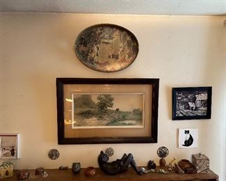 Framed art, statues, decor