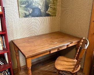 Vintage library desk, chair, art on canvas