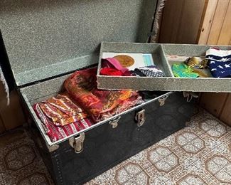 Old trunk, fabric, ties, flag