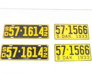 2 Sets (4) of Authentic NEW OLD STOCK 1930's South Dakota License Plates 
