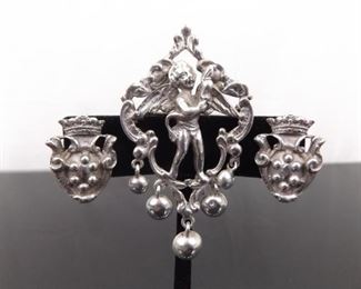 Antique .800 Sterling Silver Peruzzi Brooch and Clip Earring Set
