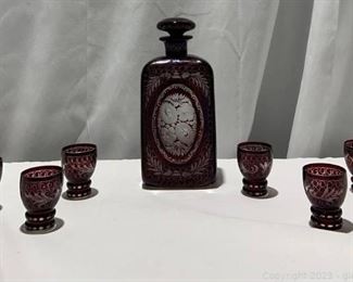 Bohemian Cut to Vlear Ruby Decanter Set