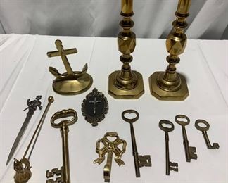 Pair of Antique Queen of Diamonds Candlesticks with Other Brass Items