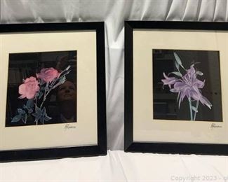 Pair of Framed Still Life Florals with Black Background Artist Signed