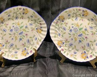 Pair of Fine Bone China Haddon Hall Blue Trim Cake Plates by Minton