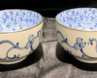 Pair of Japanese Blue and White Floral Rice Bowls