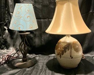 Two Small Table Lamps Including A Floral Clay with Bell Shade