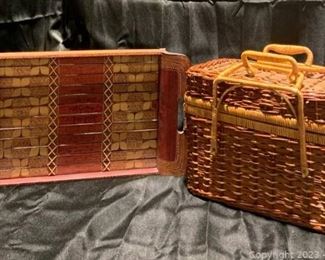 Wicker Basket with Interesting Lock Handles and a Double Handled Wooden Tray