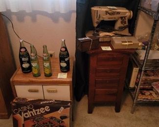 Singer Sewing Machine, Baylor Bears Soda Bottles