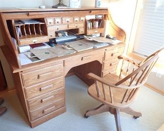 OAK ROLLTOP DESK & WOOD CHAIR