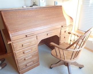 OAK ROLLTOP DESK & WOOD CHAIR