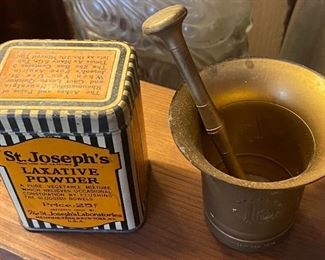 St. Jospeh's Laxative Tin, Mortar and Pestle