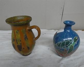 TN. Red Hand Decor vase on left #6  and Folk Art So.AM. Jar blue on right #11