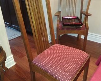 Four wood Spindle-back Kitchen Chairs with padded seats- material red with white dots.  