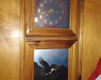Vintage Wood Frame Wall Clock with round clock face and Eagle picture  below. $50.00