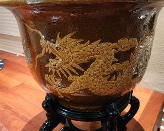 Mid-Century  Large Chinese Dragon Egg Pot on Carved Wood Stand- High gloss.
