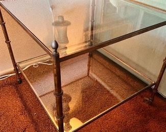 MCM glass and brass side table on casters