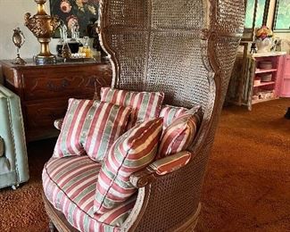Cane and Walnut Egg Chair with custom fabric