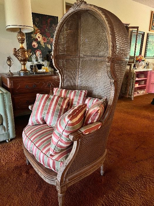 Cane and Walnut Egg Chair with custom fabric