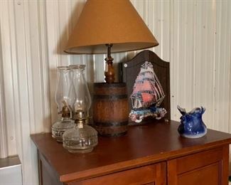 Barrel Lamp, oil lamps, Vintage dart board, moose pottery