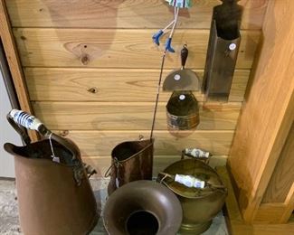 Copper coal buckets and spittoon 