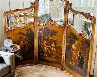 Vintage Rococo style hand painted folding screen