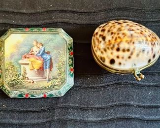 Compact with green enamel base (L) and trinket box