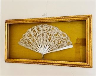 Framed vintage lace fan